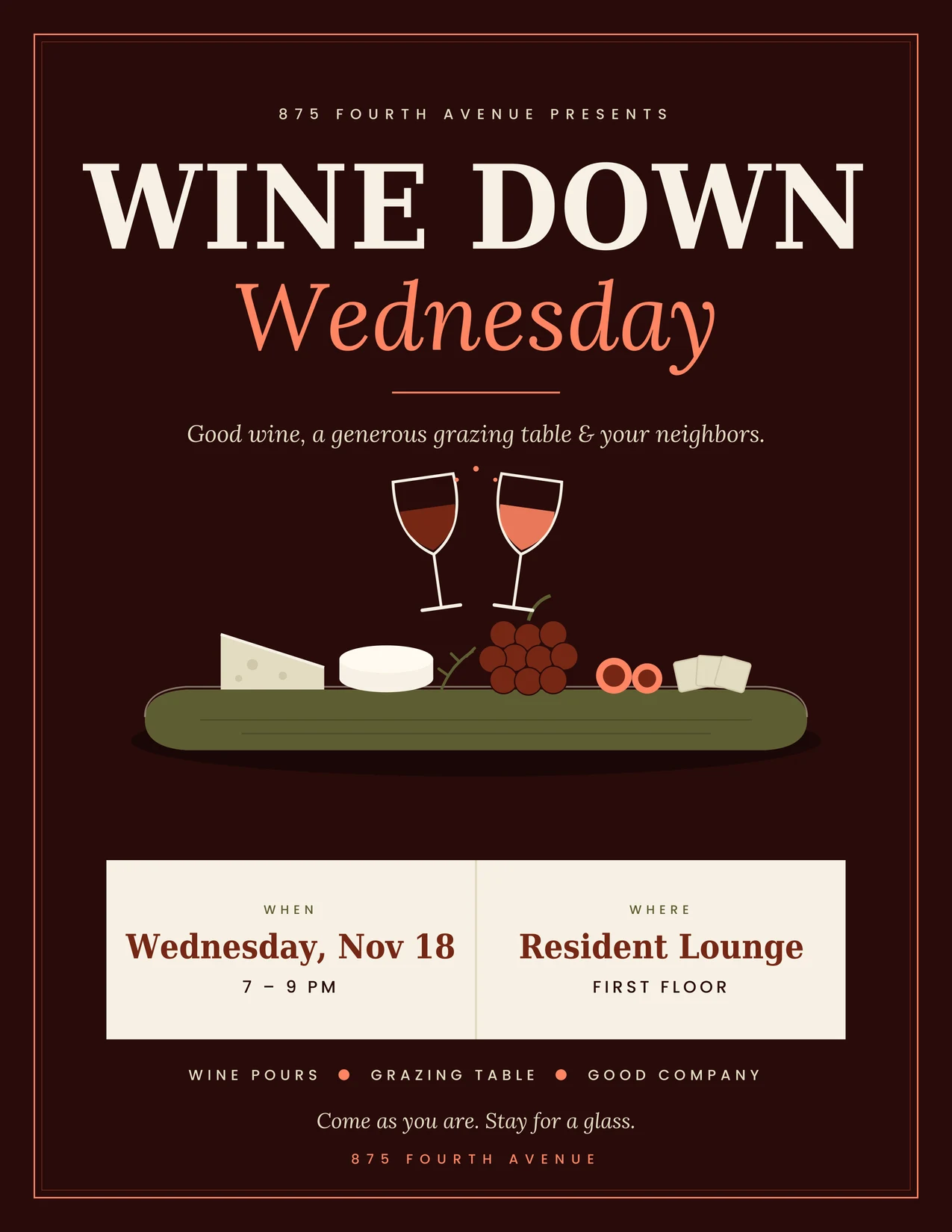 Wine Down Wednesday flyer: Wednesday, Nov 18, 7 to 9 PM, Resident Lounge, First Floor. Wine pours, grazing table, good company.